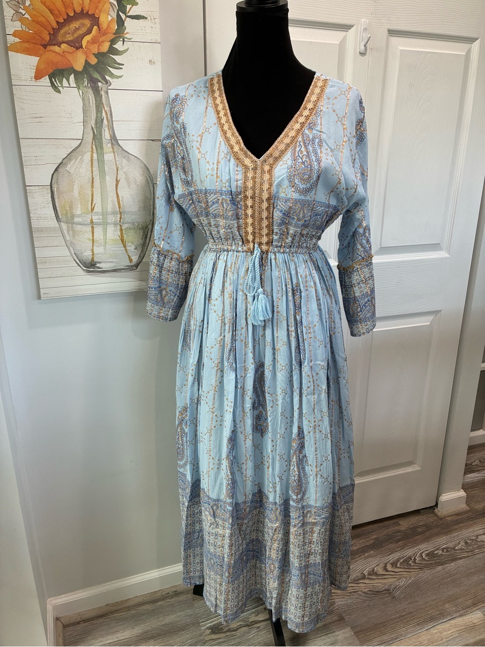 Light Blue Paisley Boho Maxi Dress with Tassel Tie
